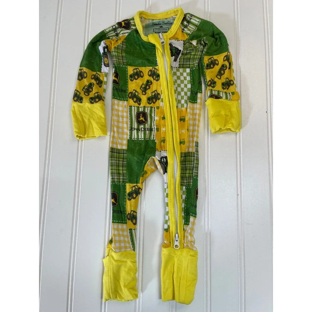 Bamboo Buddies John Deere Tractor Patchwork Bamboo Sleeper NB Newborn Zip Footie